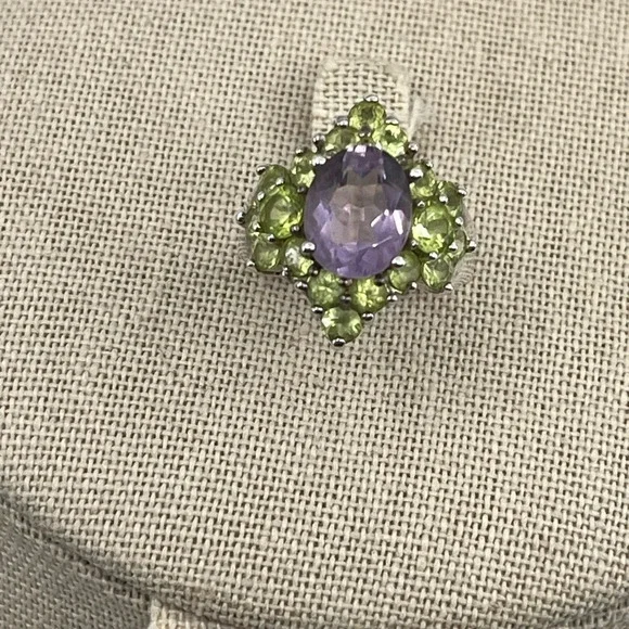 Vintage SETA Sterling Silver Amethyst & Peridot Cluster Ring Size 5 - Picture 2 of 16